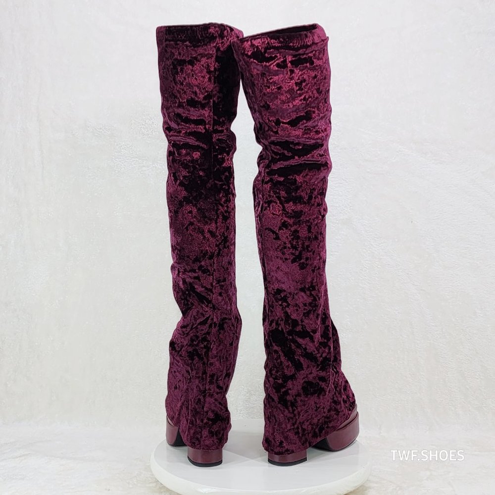 Good Will Unique Thigh High Wine Red Velvet Fold over Chunky Heel Platform Boots - Picture 3 of 10